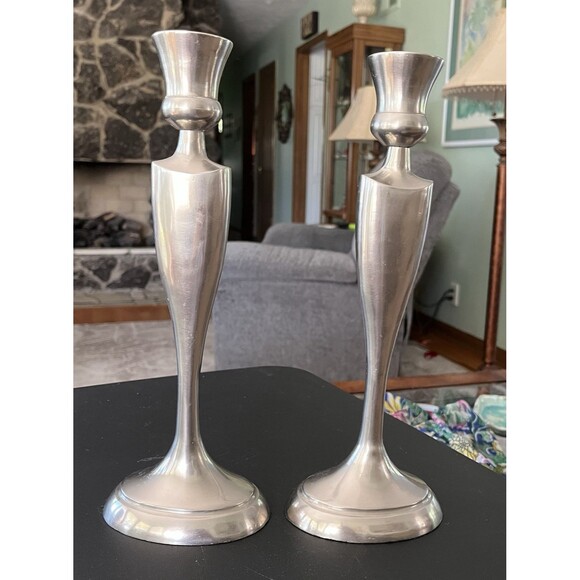 Vintage Brushed Silver Tone Pair of Taper Candlesticks Measures 11 3/4" Tall - Picture 1 of 7